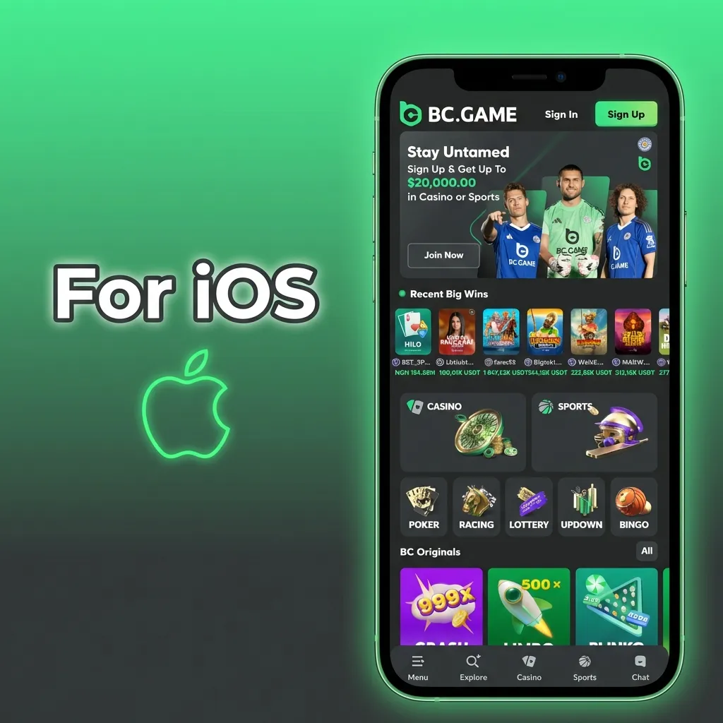 iPhone screen showing BC Game iOS app download steps in Safari and App Store, with casino games previewed on the display