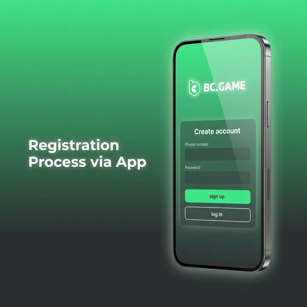 Illustration of BC Game mobile app sign-up steps, showing fields for email or phone, password, country India, and promo code.