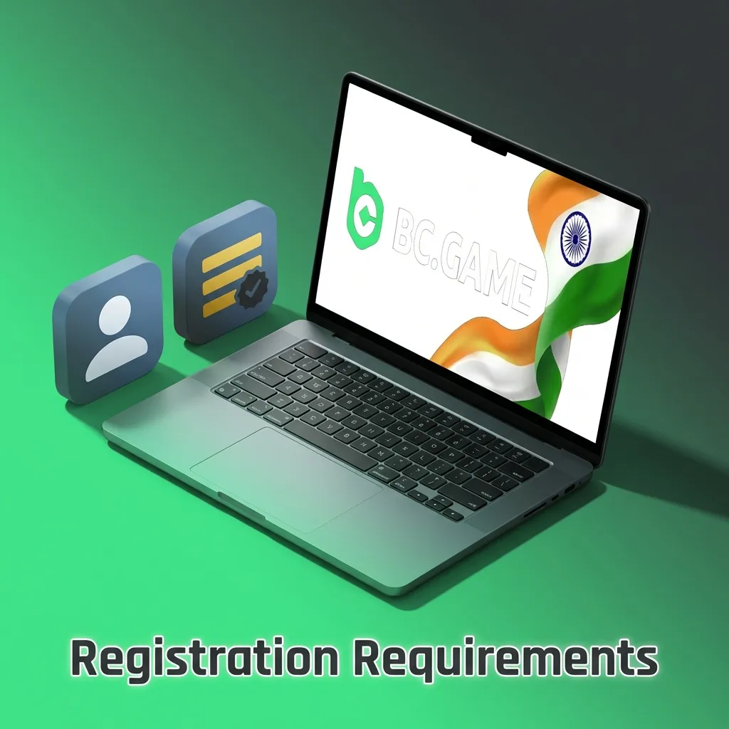 Checklist graphic showing BC Game India registration rules: 18+, one account, real details, valid KYC ID, allowed location