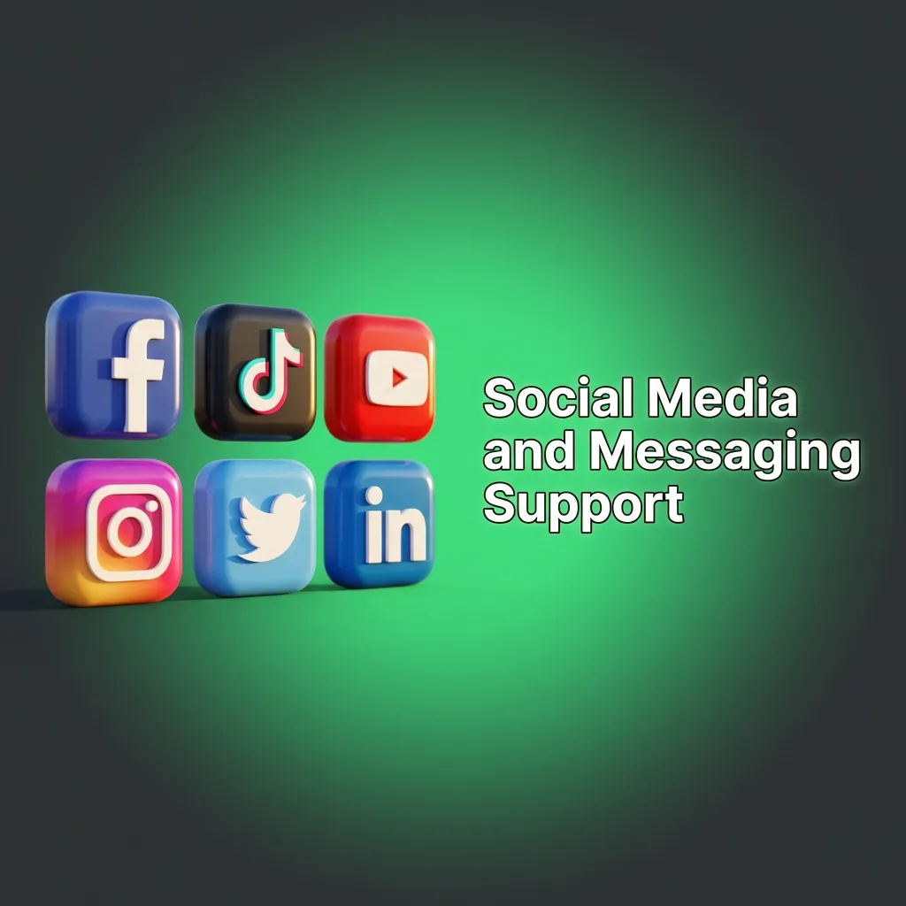Illustration of WhatsApp, Telegram, Facebook, and Twitter icons showing BC Game customer support via social messaging.